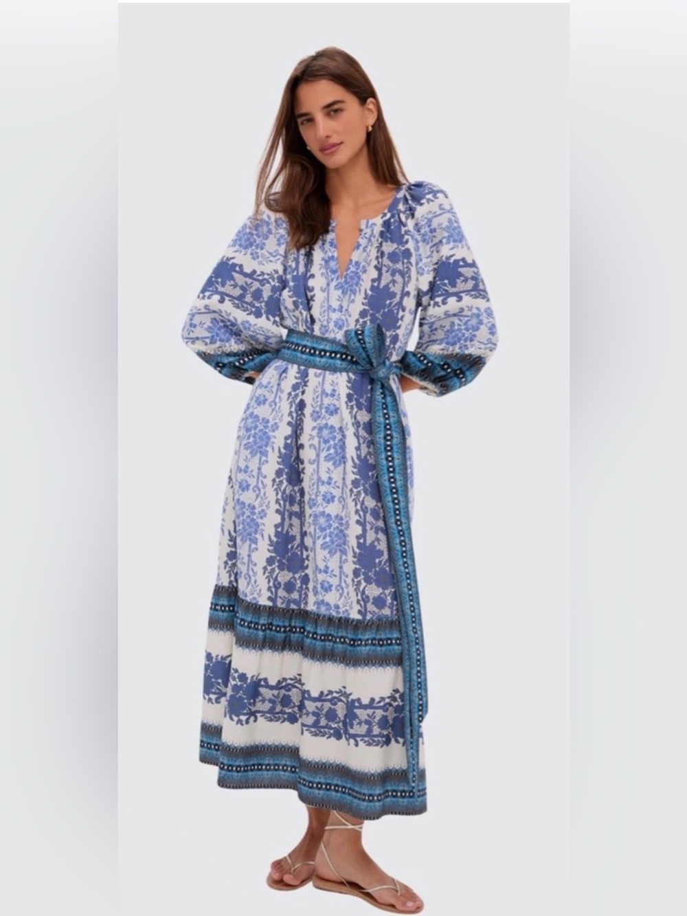Tuckernuck Bondi Blue Lyles Floral Border Print Linen Blend Maxi Dress Belted M